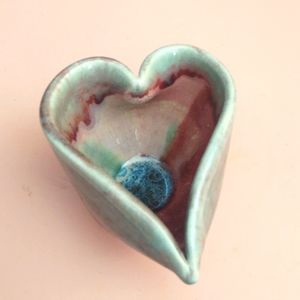 Heart shaped pottery dish/bowl pink, maroon, green